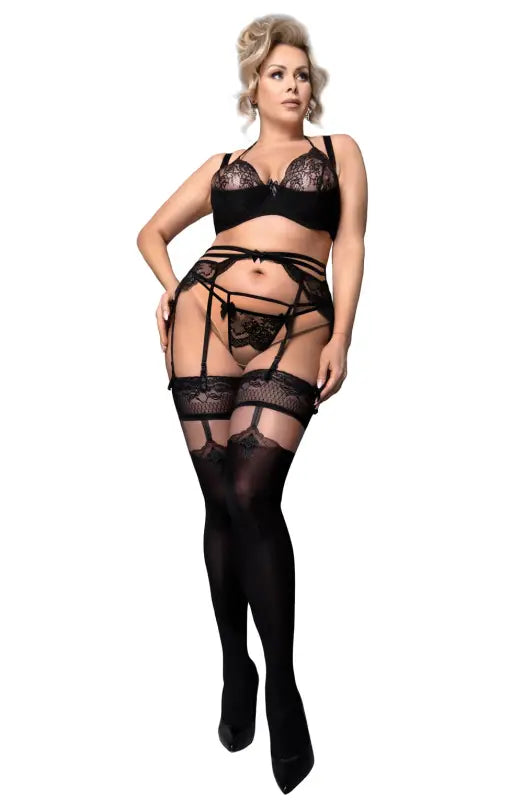 Ballerina Plus Size Black Skin Hold Ups with Faux Suspender Effect