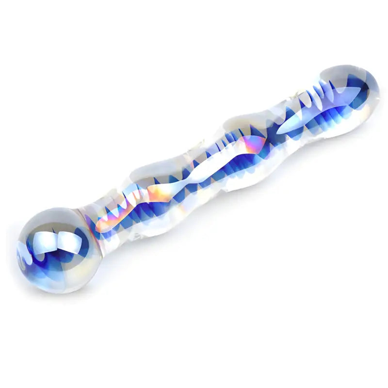 Blue Wavy Glass Dildo with Velvet Storage Pouch