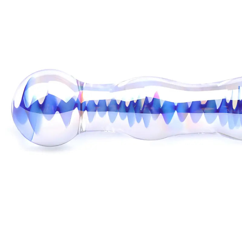 Blue Wavy Glass Dildo with Velvet Storage Pouch