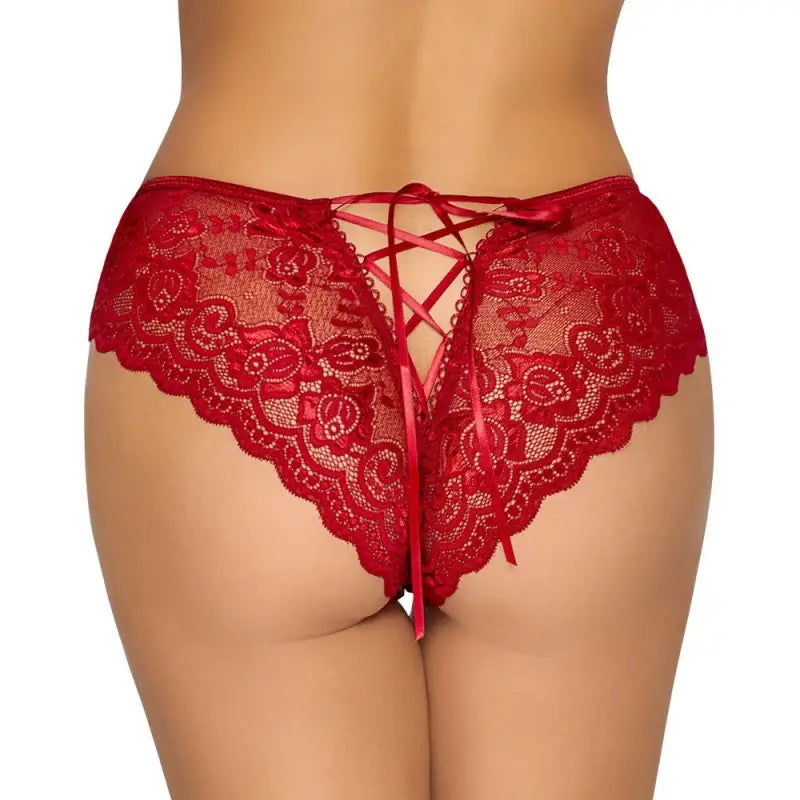 Cottelli Crotchless Panty with Satin Ribbon Lacing in Red Floral Lace