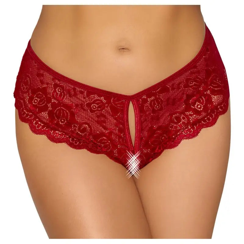 Cottelli Crotchless Panty with Satin Ribbon Lacing in Red Floral Lace