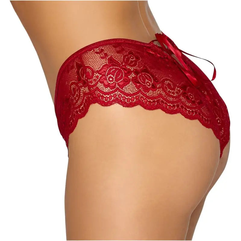 Cottelli Crotchless Panty with Satin Ribbon Lacing in Red Floral Lace