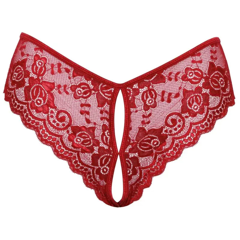 Cottelli Crotchless Panty with Satin Ribbon Lacing in Red Floral Lace