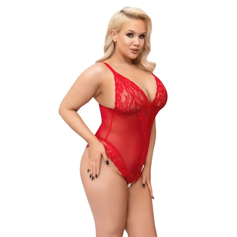 Cottelli Curves Crotchless Body Red with Lace Inserts