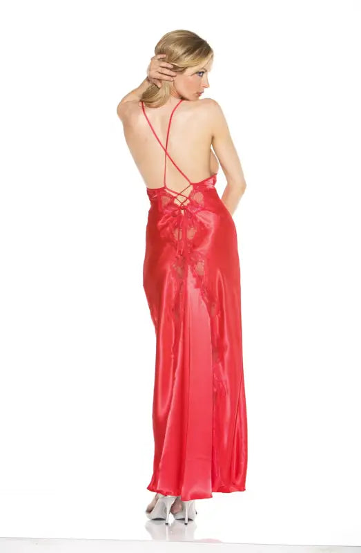 Experience Elegance with the Stunning Red Long Gown and Criss Cross Tie Straps