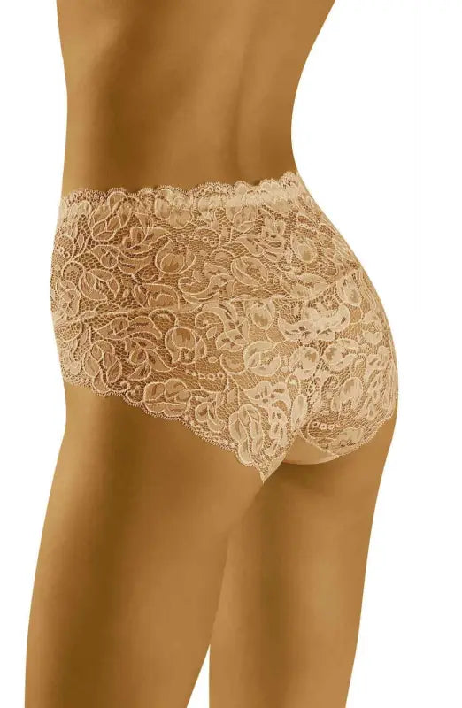 Experience Elegance with Wolbar Teri Beige Briefs Decorated in Floral Lace