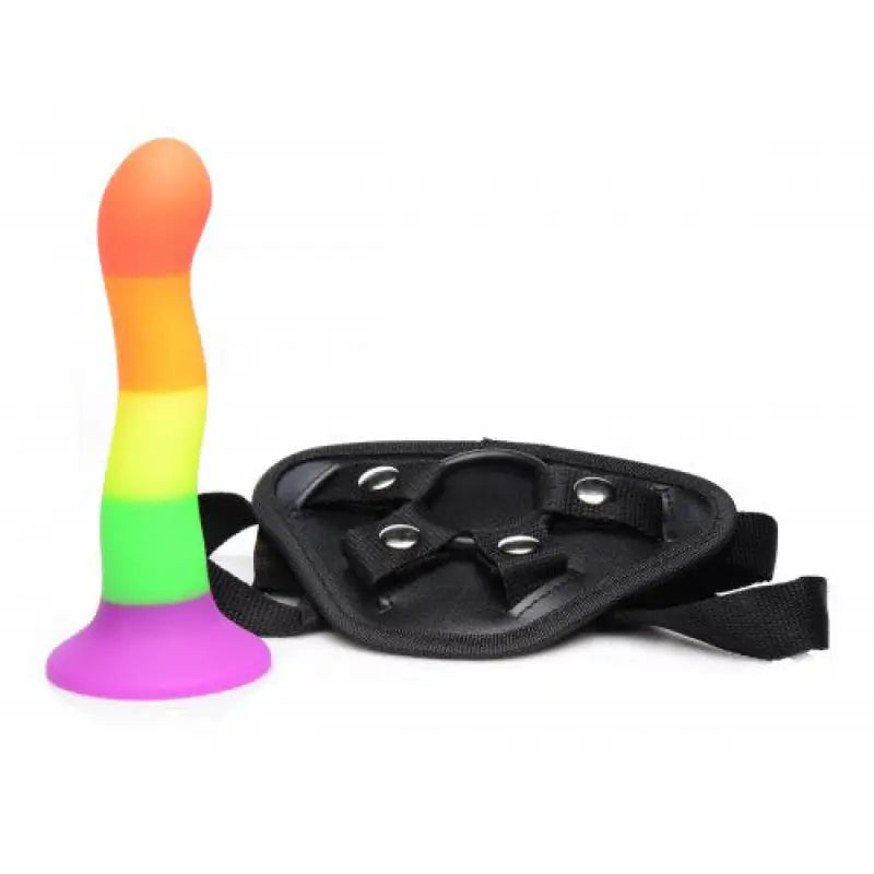 Experience Sensation with Proud Rainbow Silicone Dildo and Harness