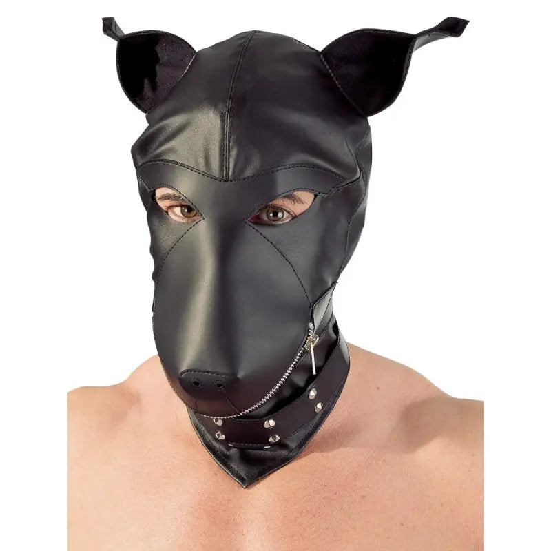 Imitation Leather Dog Mask with Zipper and Decorative Collar