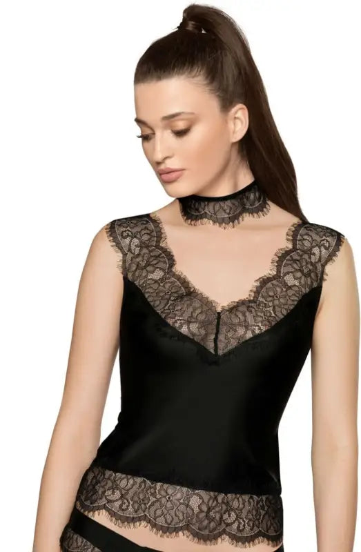 Indulge in Elegance with the Roza Sija Black Shirt and Eyelash Lace