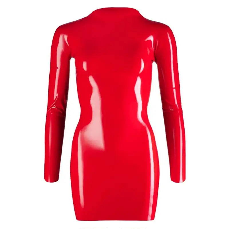 Latex Zip Mini Dress with Long Sleeves in Red