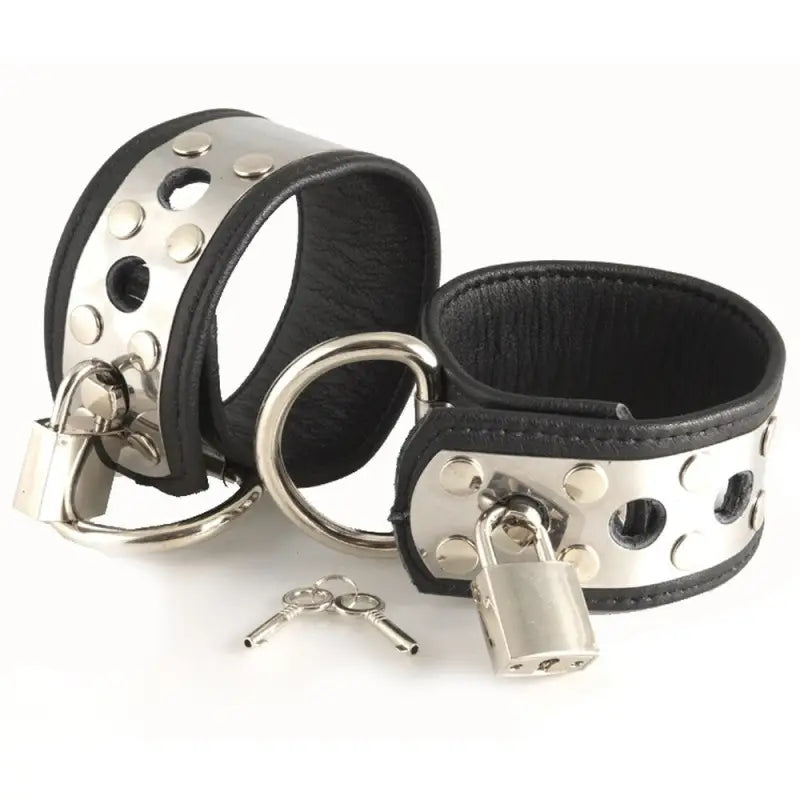 Leather Wrist Cuffs with Metal Back and Padlocks for Ultimate Pleasure