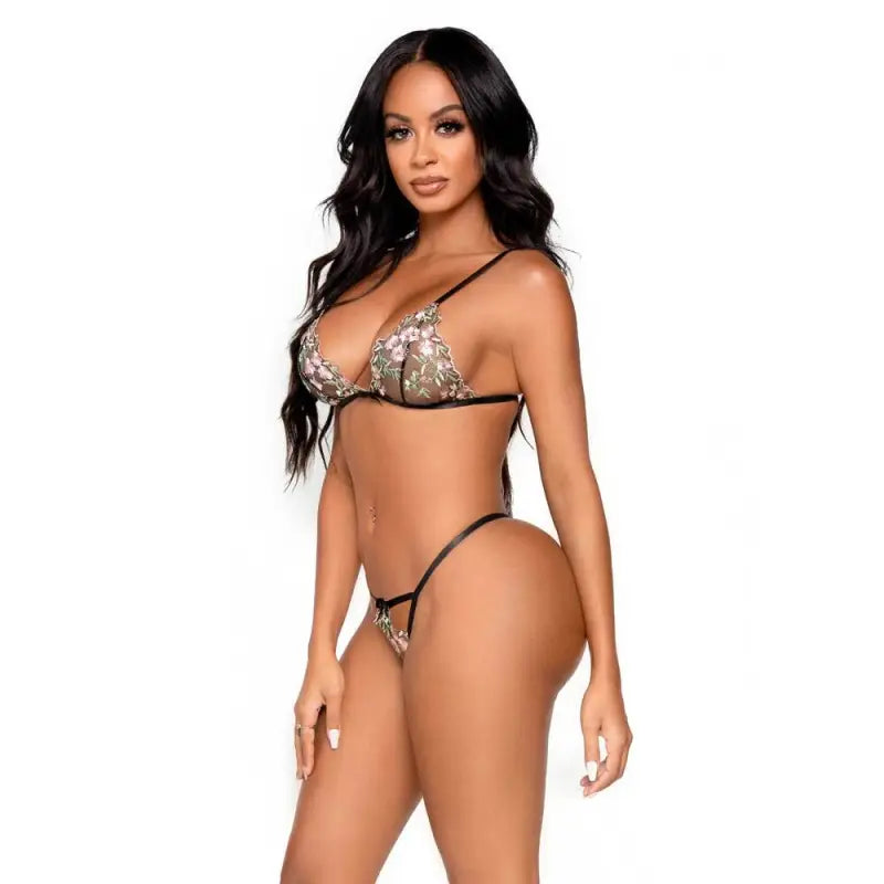 Leg Avenue Floral Sheer Bra and G-String Black Set