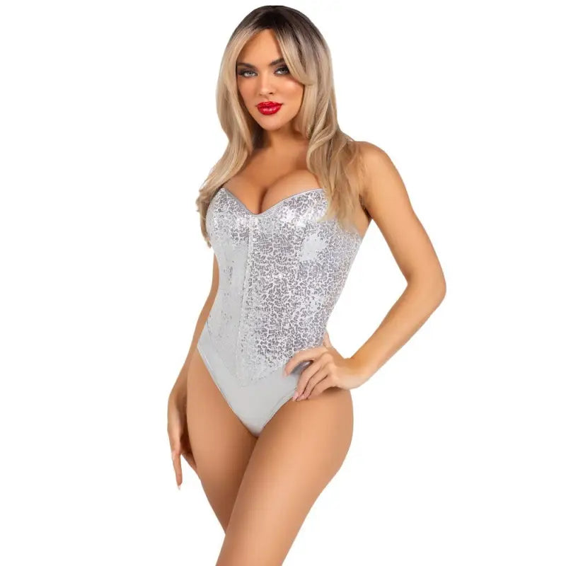 Leg Avenue Sequin Boned Bodysuit in Silver for Intimate Moments