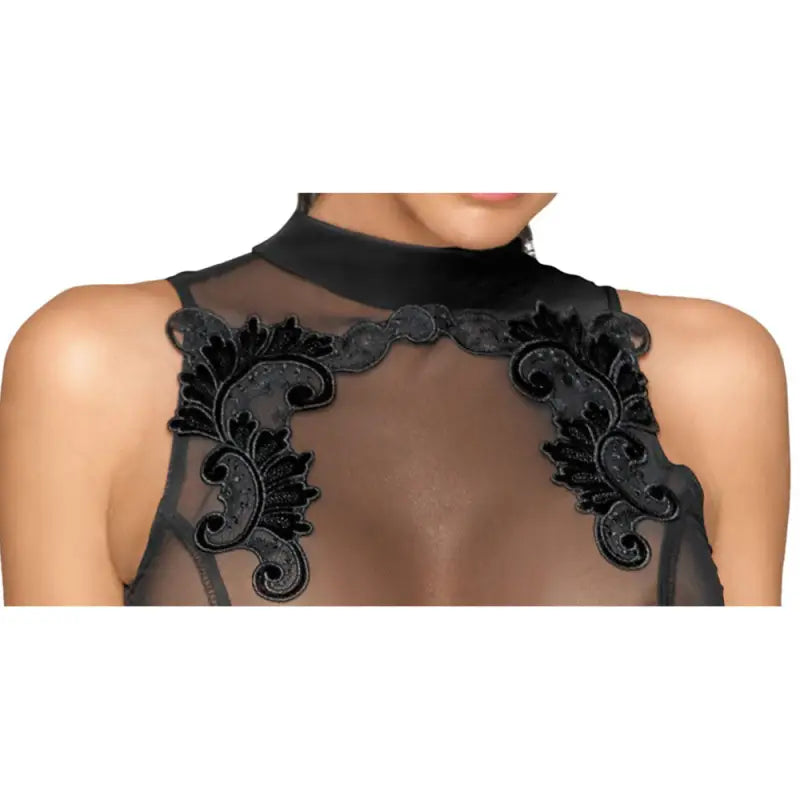 Noir Sheer and Wet Look Sleeveless Dress with High Neck and Open Back