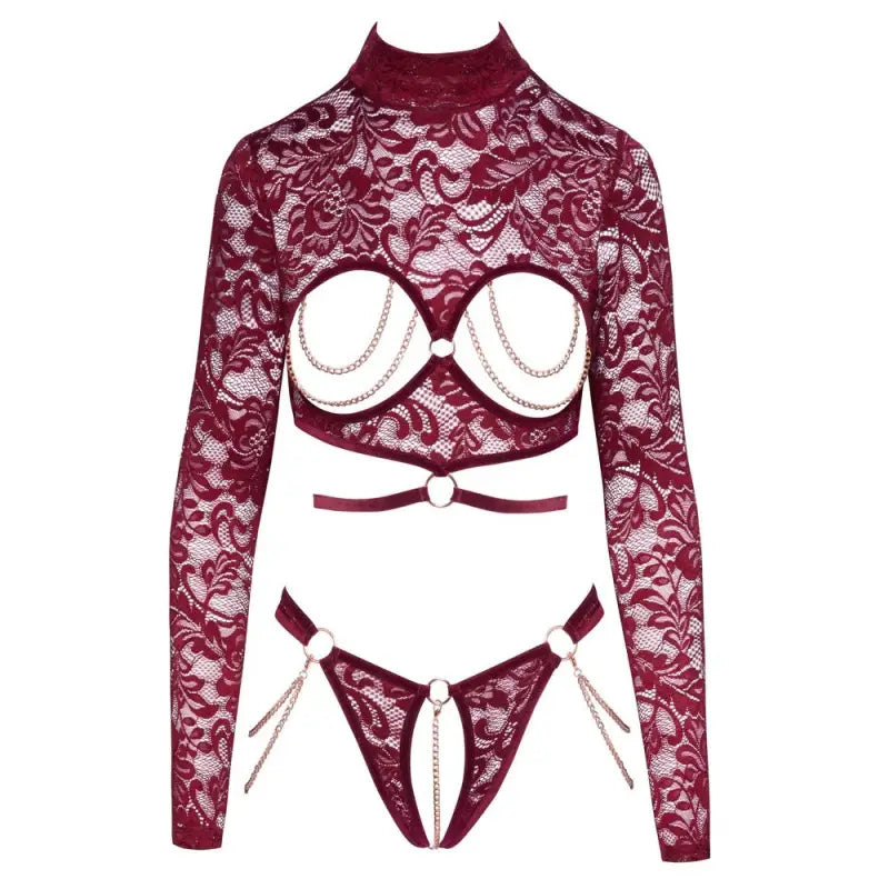 Red Lace Body Bra Set with Open Red Lace Design