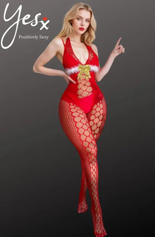 Seductive Red Halter YesX YX876 Christmas Fluffy Bodystocking Unveiled - One Size (S-L)