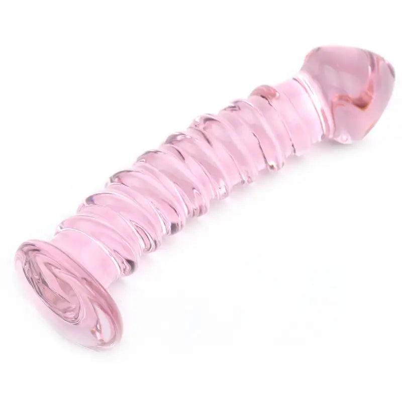 Textured Pink Glass Dildo with Velvet Storage Pouch