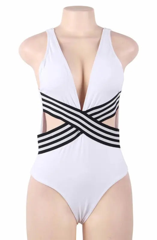 Timeless Sexy White Swimsuit with Striking Black Design and Cutouts