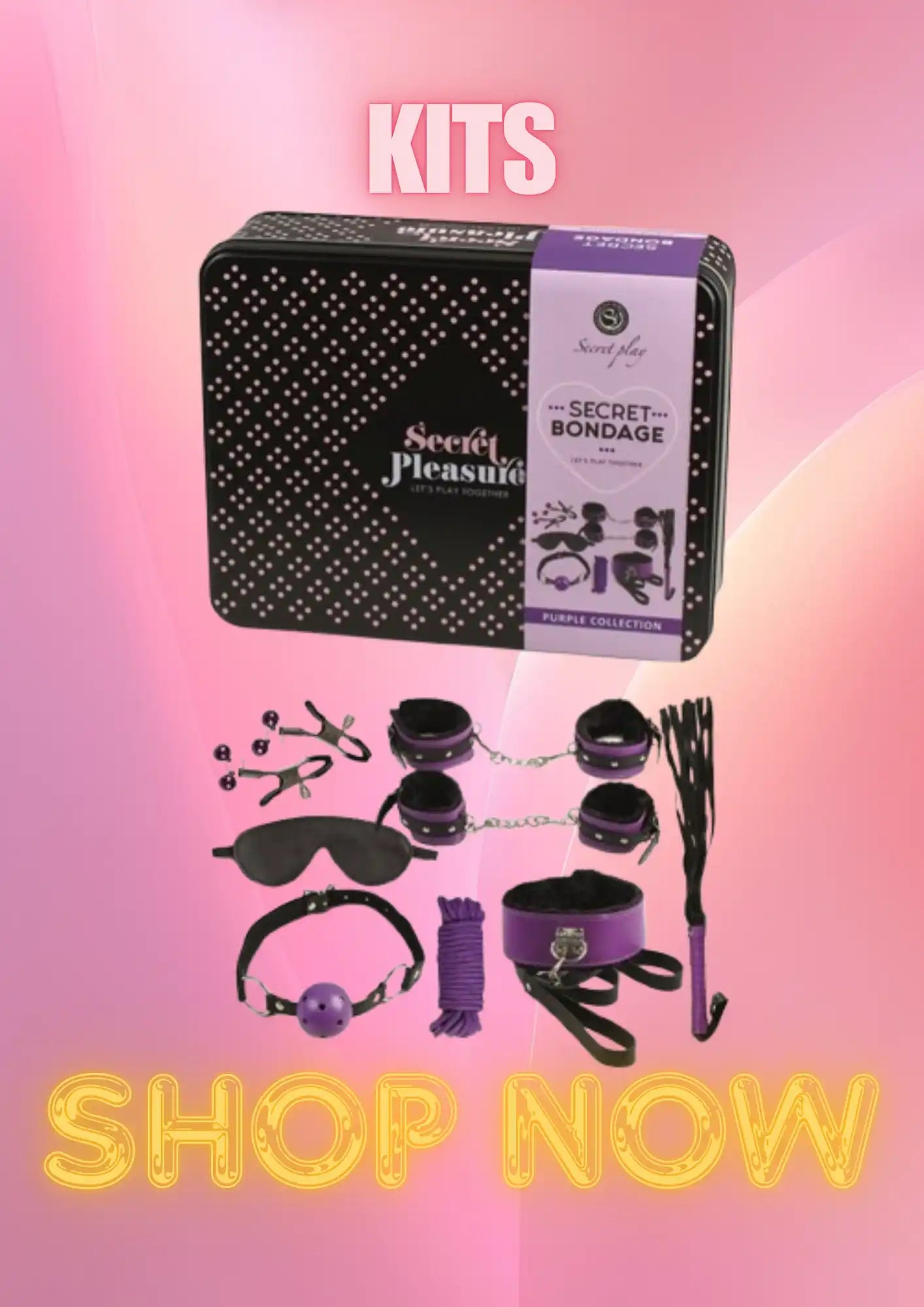 BDSM/bondage kit with various accessories including blindfold, restraints, and cuffs displayed below its retail box.
