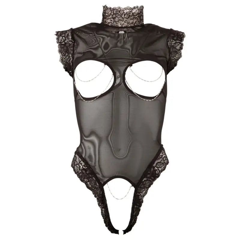 Cottelli Cupless Crotchless Sheer Body with Lace Trim and Removable Chain
