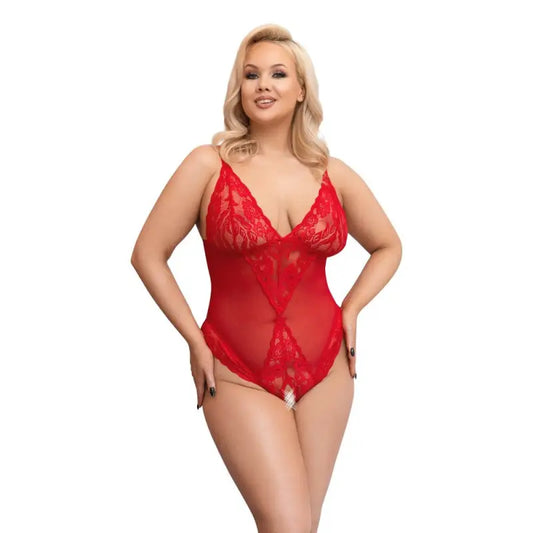 Cottelli Curves Crotchless Body Red with Lace Inserts