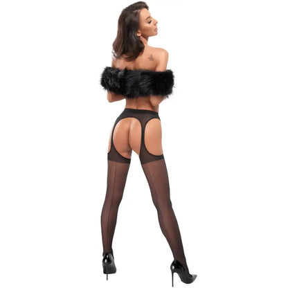 Cottelli Legware Black Suspender Stockings with Decorative Seam and Reinforced Panty