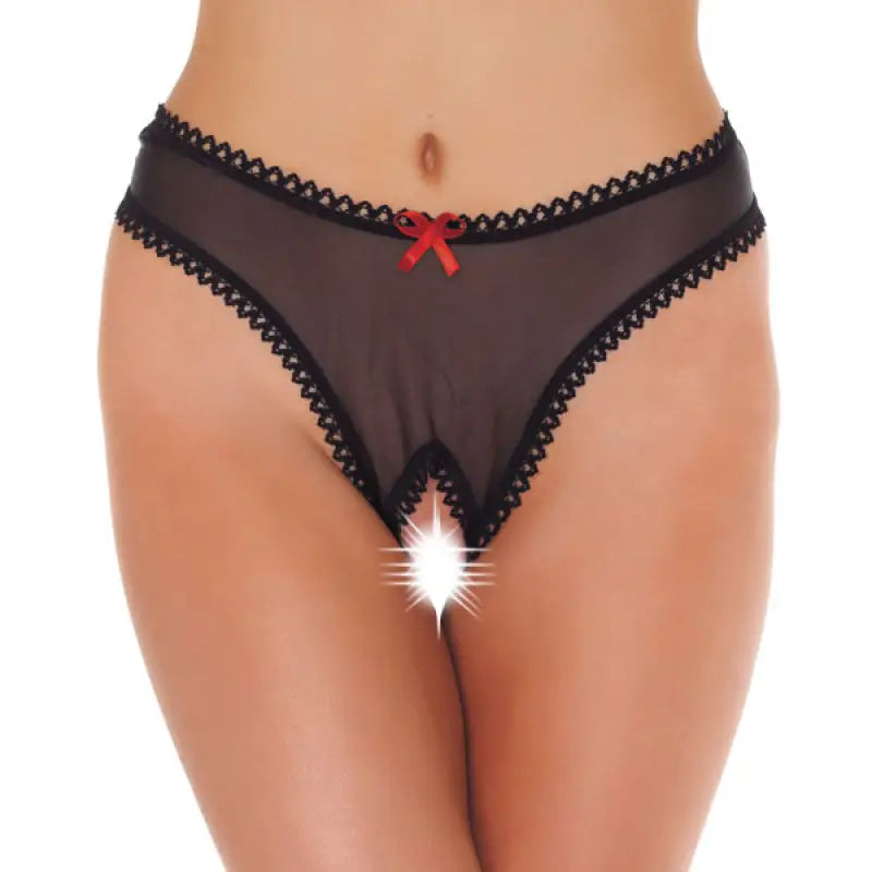 Crotchless Sheer Black G-String with Red Bow for Women