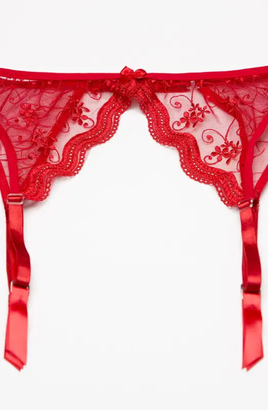 Elegance Redefined with Embroidered Scalloped Garter Belt Red - One Size
