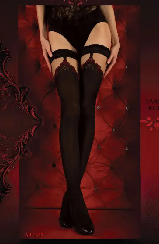 Elegant Pair of Hold Ups Nero with a Slight Touch of Red Luxury