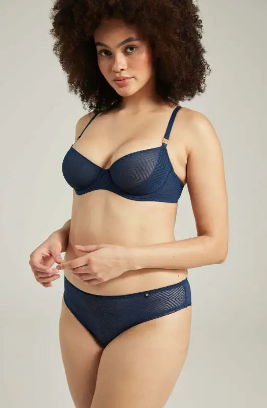 Experience Elegance with the Sheer Deco Lift Balcony Bra in Navy