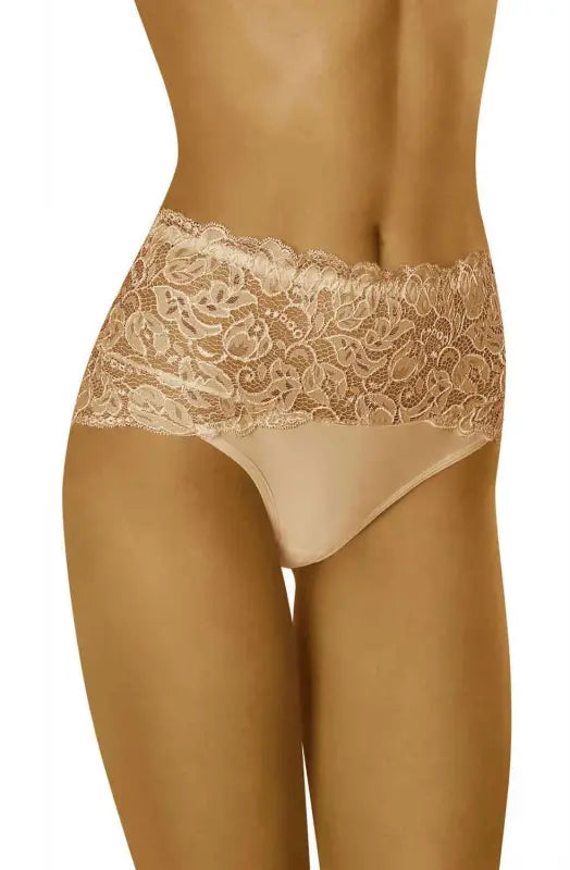 Experience Elegance with Wolbar Teri Beige Briefs Decorated in Floral Lace