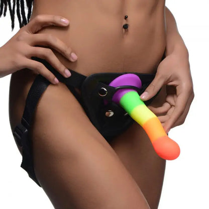 Experience Sensation with Proud Rainbow Silicone Dildo and Harness