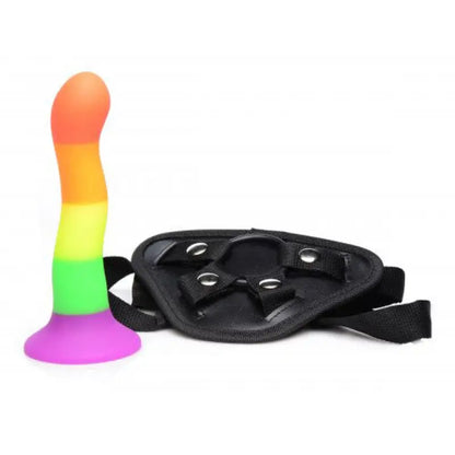 Experience Sensation with Proud Rainbow Silicone Dildo and Harness