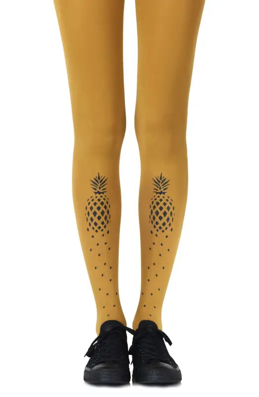 Experience Tropical Elegance with Zohara Mustard Print Tights Inspired by Piña Coladas