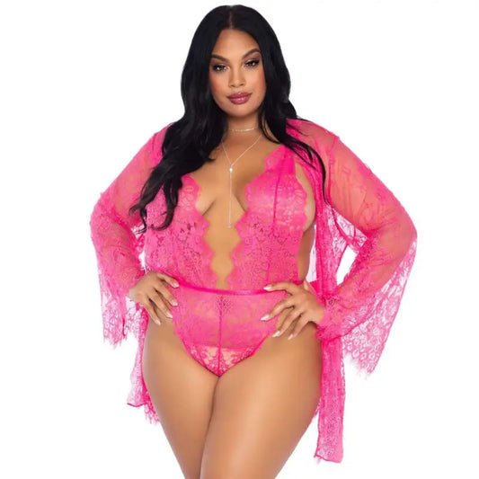 Floral Lace Teddy and Robe Set in Plus Size Lingerie