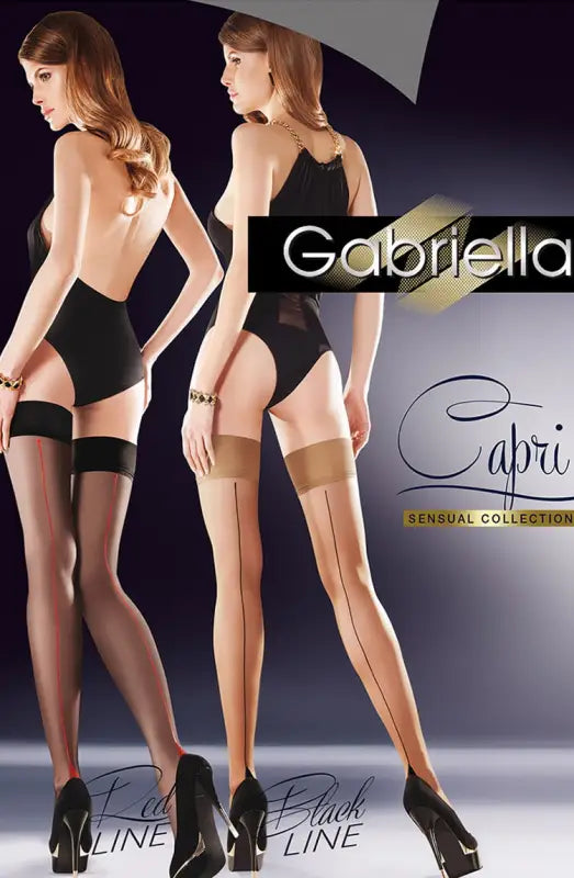 Gabriella Sensual Black Hold Ups with Striking Red Line Design - 1/2 (XS/S)