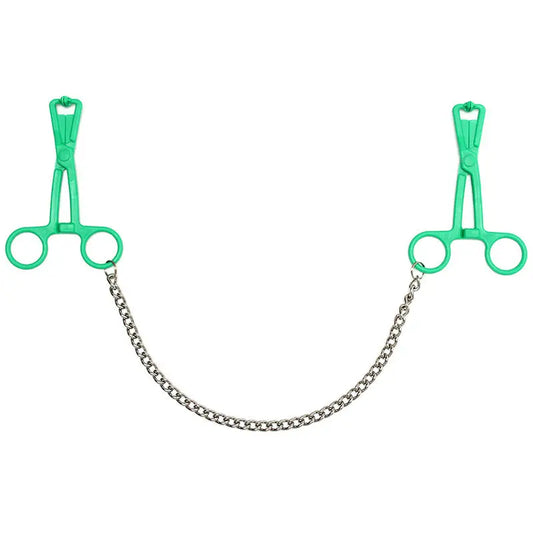 Green Scissor Nipple Clamps with Metal Chain for Bondage Play