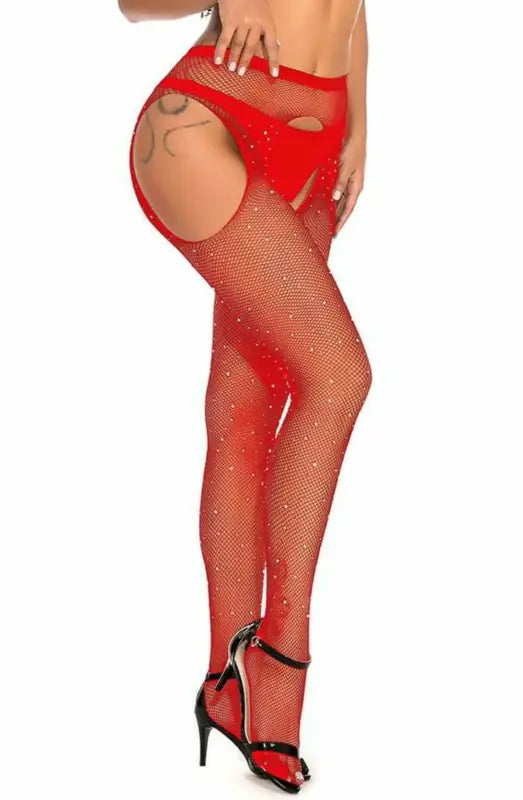 Ignite Passion with YesX YX852 Sparkly Red Fishnet Crotchless Tights - XS/M