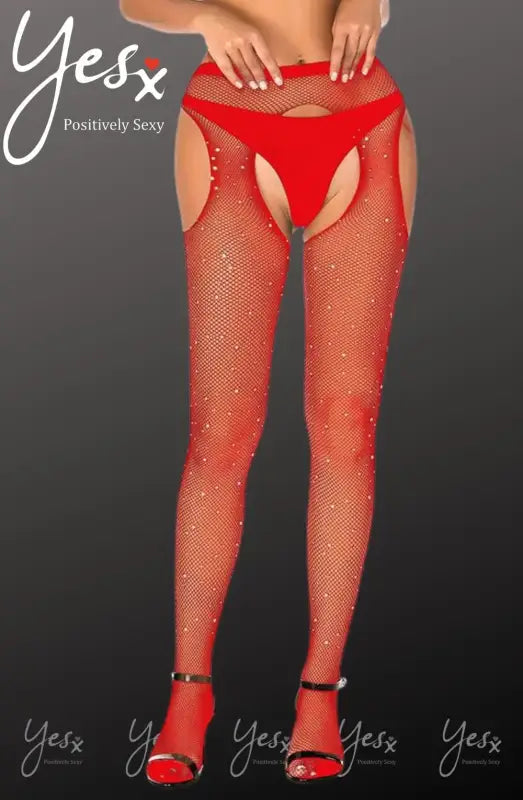 Ignite Passion with YesX YX852 Sparkly Red Fishnet Crotchless Tights - XS/M