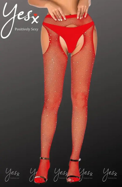 Ignite Passion with YesX YX852 Sparkly Red Fishnet Crotchless Tights - XS/M