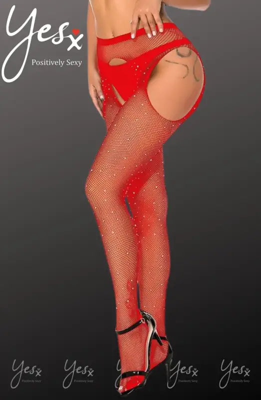 Ignite Passion with YesX YX852 Sparkly Red Fishnet Crotchless Tights - XS/M