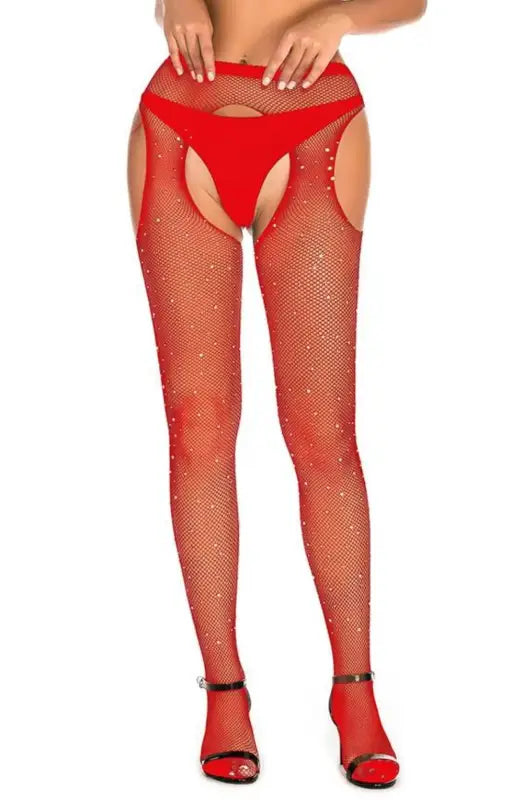 Ignite Passion with YesX YX852 Sparkly Red Fishnet Crotchless Tights - XS/M