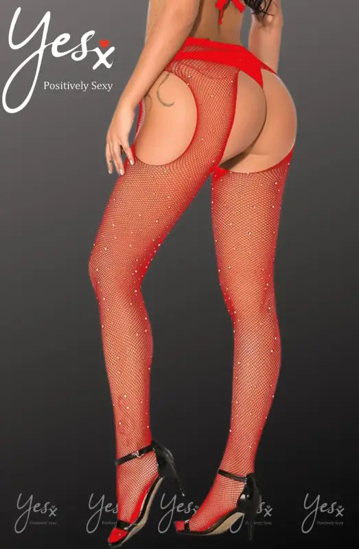 Ignite Passion with YesX YX852 Sparkly Red Fishnet Crotchless Tights - XS/M