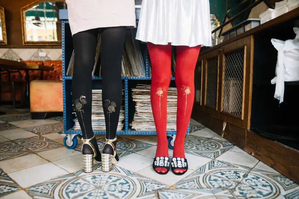 Ignite Passion with Zohara Miami Night Black Tights Featuring Flamingo Design