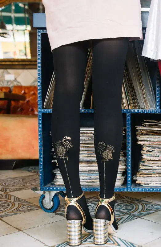 Ignite Passion with Zohara Miami Night Black Tights Featuring Flamingo Design