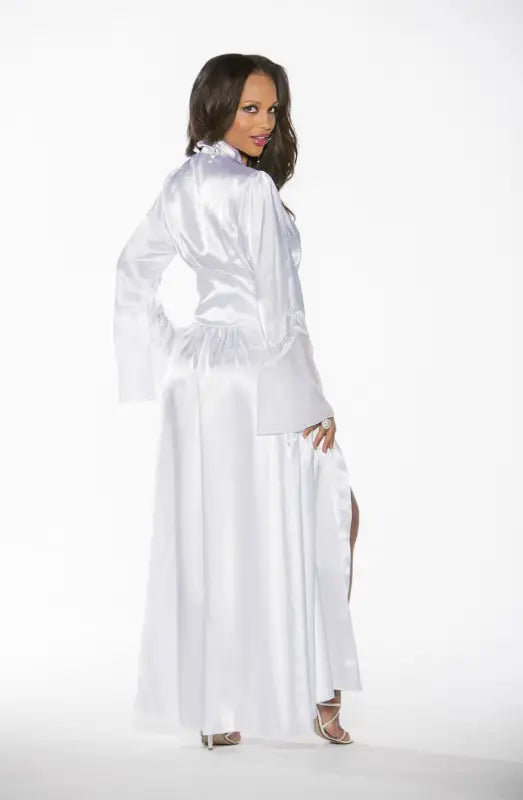 Indulge in Elegance with the Shirley of Hollywood Charmeuse Lace Long Robe White