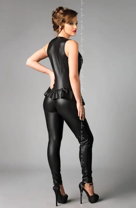 Indulge in the Sophisticated Sleeveless Leather-Look Catsuit Seduce Debby Black