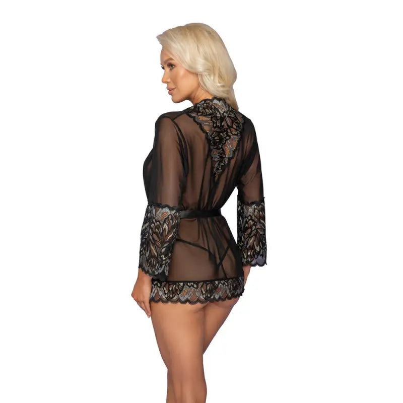 Kissable Lace Kimono with Satin Belt and 3/4 Sleeves