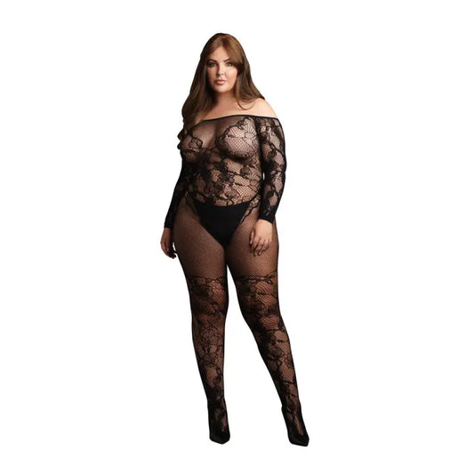Le Desir Bodystocking with Off Shoulder Long Sleeves in Plus Sizes