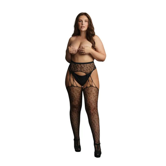 Le Desir Suspender Leopard Pantyhose in Black for UK Sizes 14 to 20